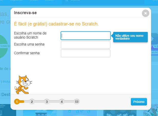 Preenchendo o cadastro no site da Scratch
