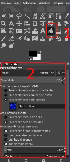 Configurações de ferramenta selecionada no GIMP